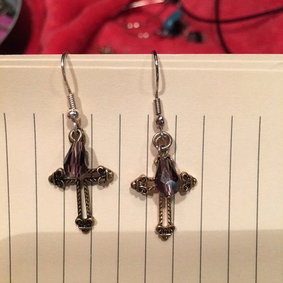 Cross w purple dangle crystal earrings NWT - Picture 4 of 8